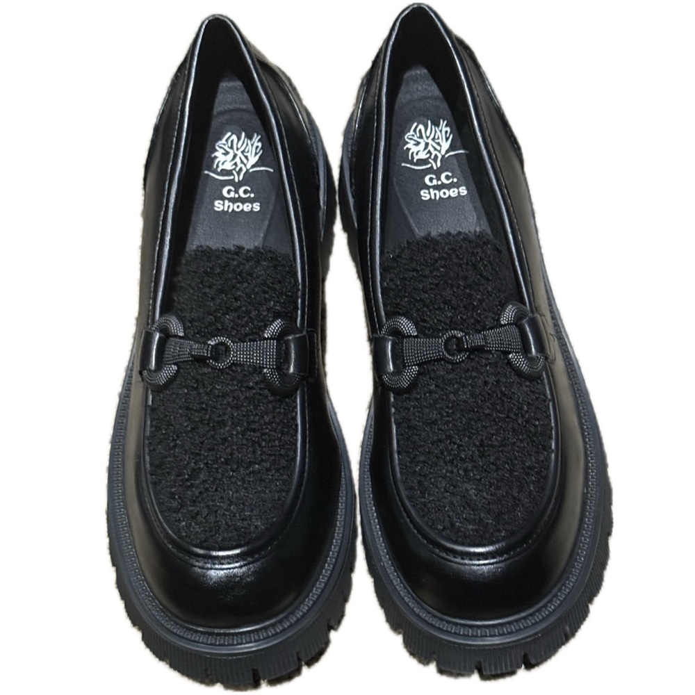 👞⚔️ G.C. SHOES Chunky Combat Loafers Bouclé Vamp Black Leather‎ US 9.5